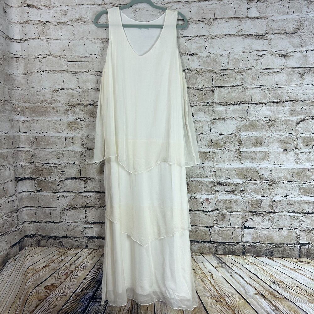 Soft Surroundings Silk Tiered Maxi Dress Women's XL White Sleeveless Boho Dress